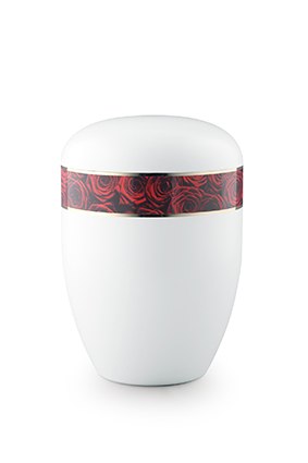 Produktfoto Urnenmodell weiß mit roten Rosenblüten